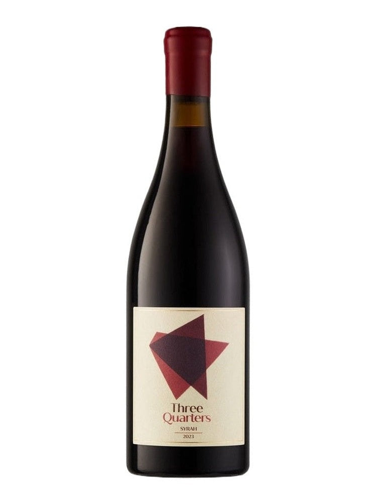 Three Quarters Syrah 2023 red wine bottle with cream label and maroon triangle design