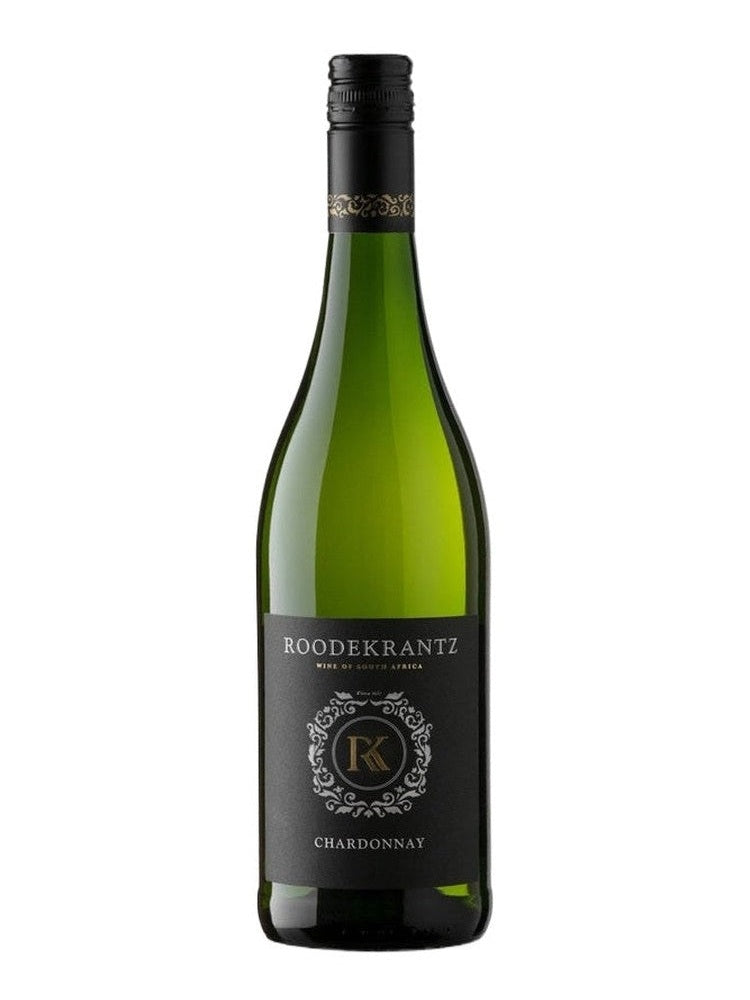 Roodekrantz Chardonnay white wine bottle with matte black label and gold crest