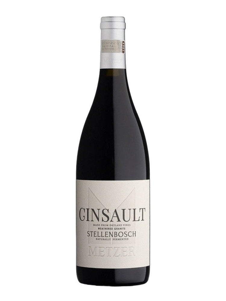 Metzer Cinsault red wine bottle with textured off-white label and silver foil capsule