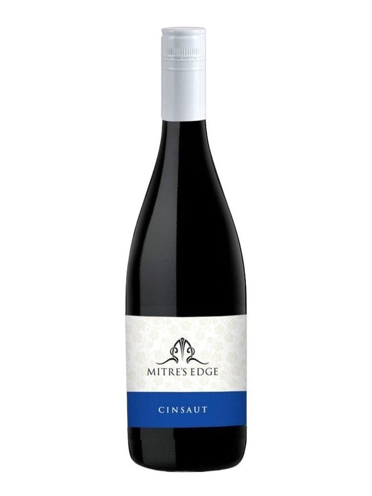 Mitre's Edge Cinsaut red wine bottle with white label and blue band