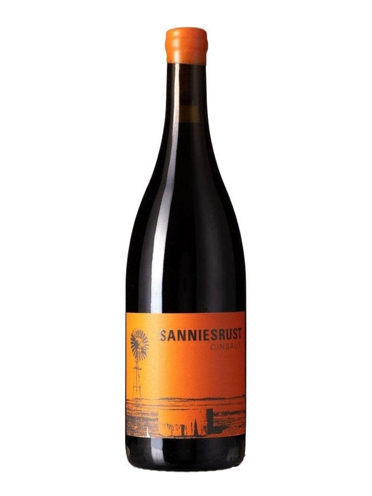 Sanniesrust Cinsaut red wine bottle with orange label and windmill illustration