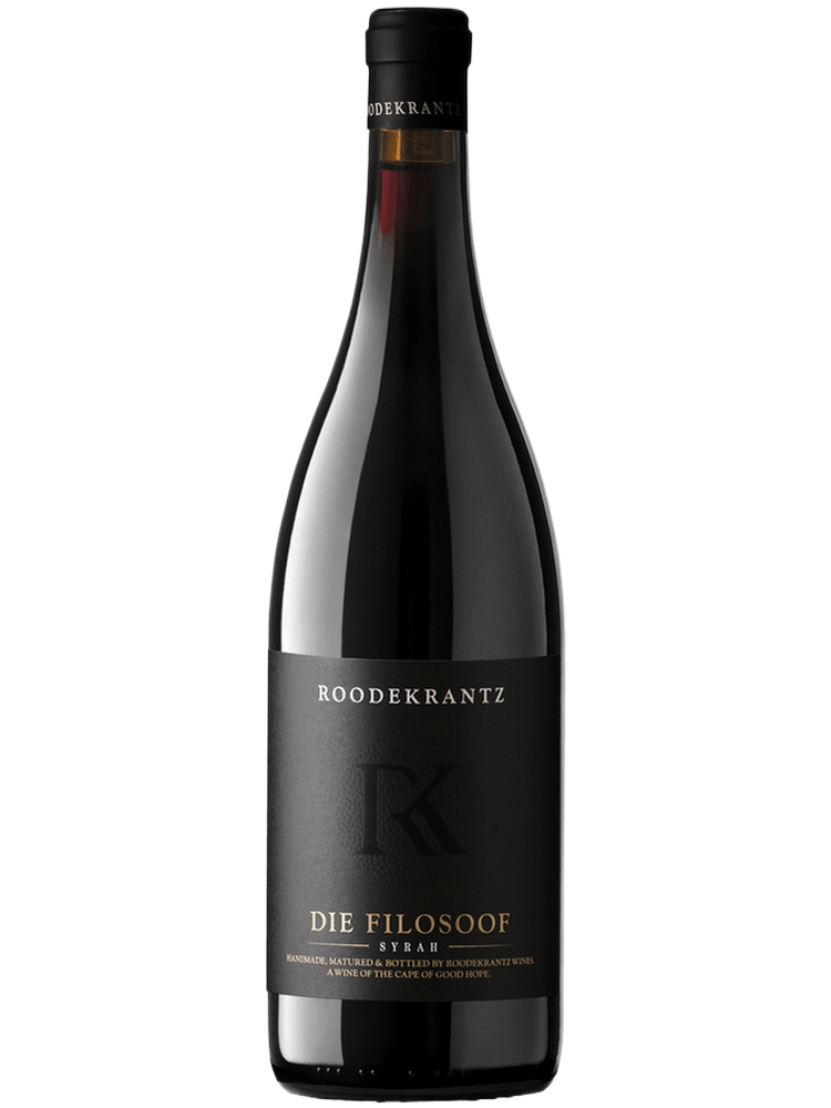 Roodekrantz Die Filosoof Syrah red wine bottle with textured black label and gold lettering