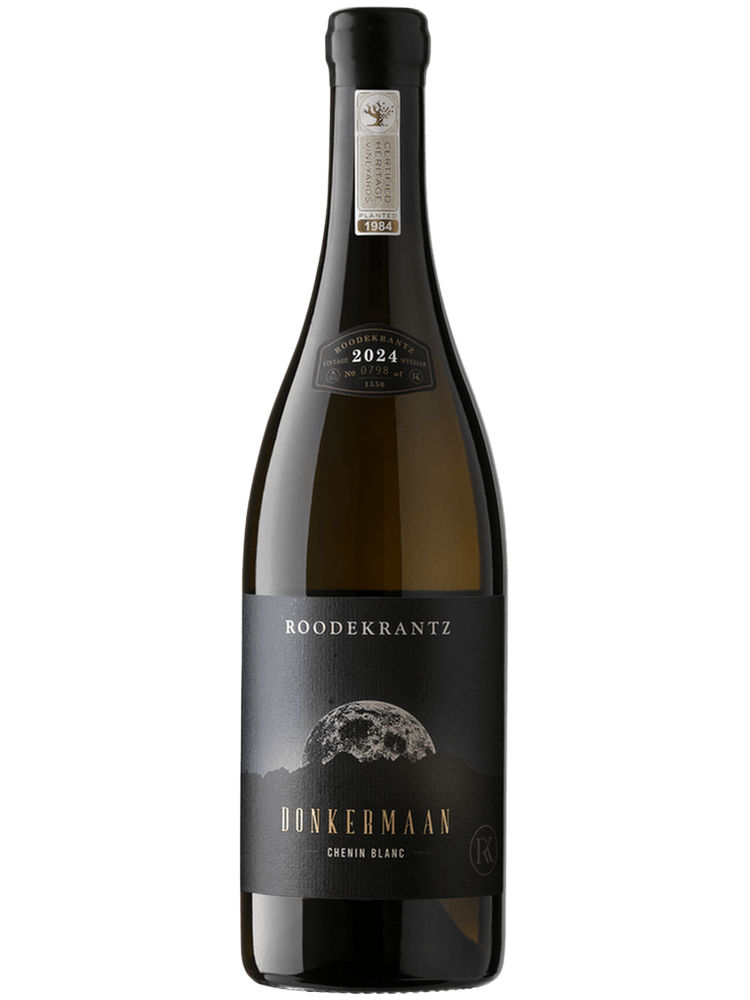 Roodekrantz Donkermaan Chenin Blanc white wine bottle with black label and silver moon illustration