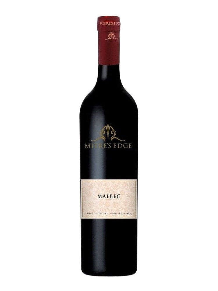 Mitre's Edge Malbec red wine bottle with cream label and gold foil capsule