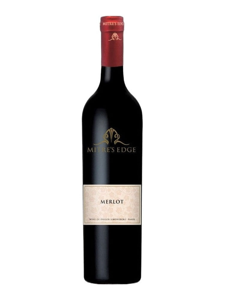 Mitre's Edge Merlot red wine bottle with gold foil and cream label