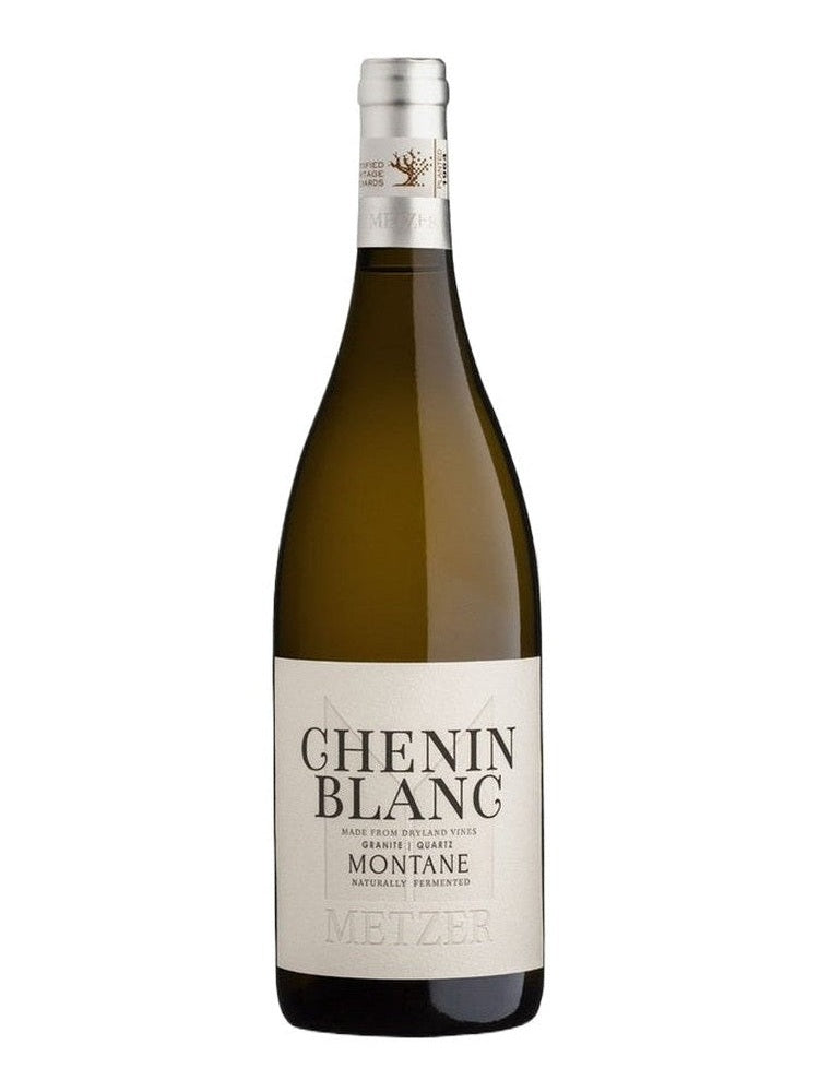 Metzer Montane Chenin Blanc white wine bottle, olive green glass with textured off-white label