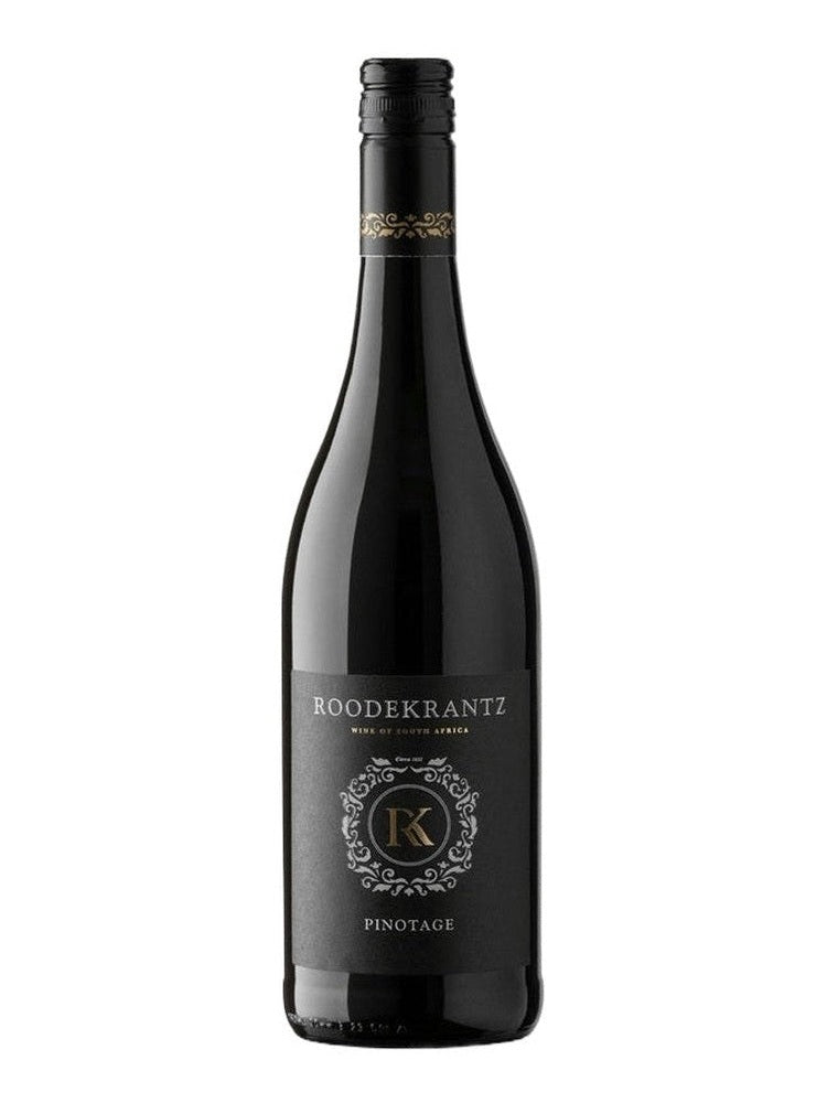 Roodekrantz Pinotage red wine bottle with matte black label and gold neck band
