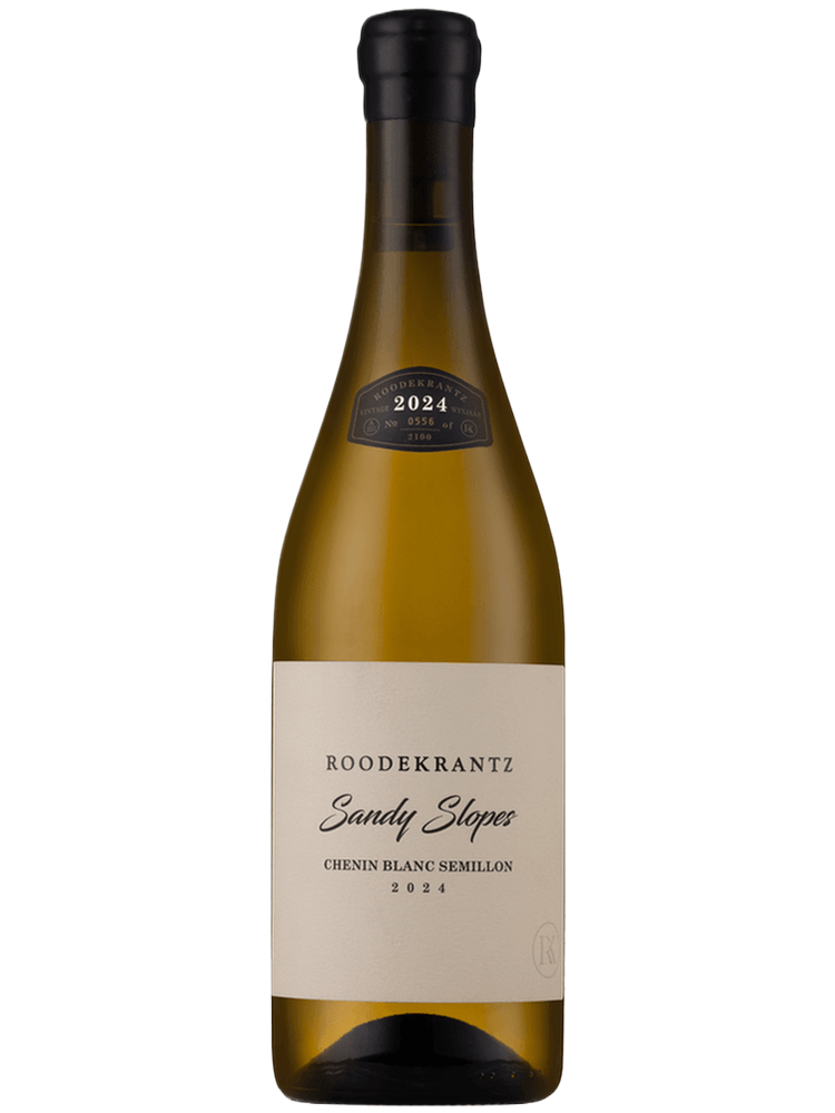 Roodekrantz Sandy Slopes Chenin Semillon white wine bottle, olive green glass with cream label