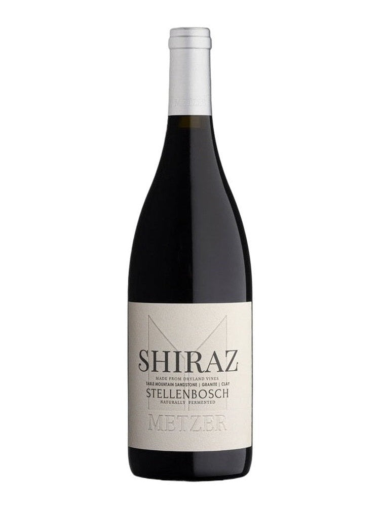 Metzer Family Shiraz red wine bottle with textured off-white label and silver foil capsule