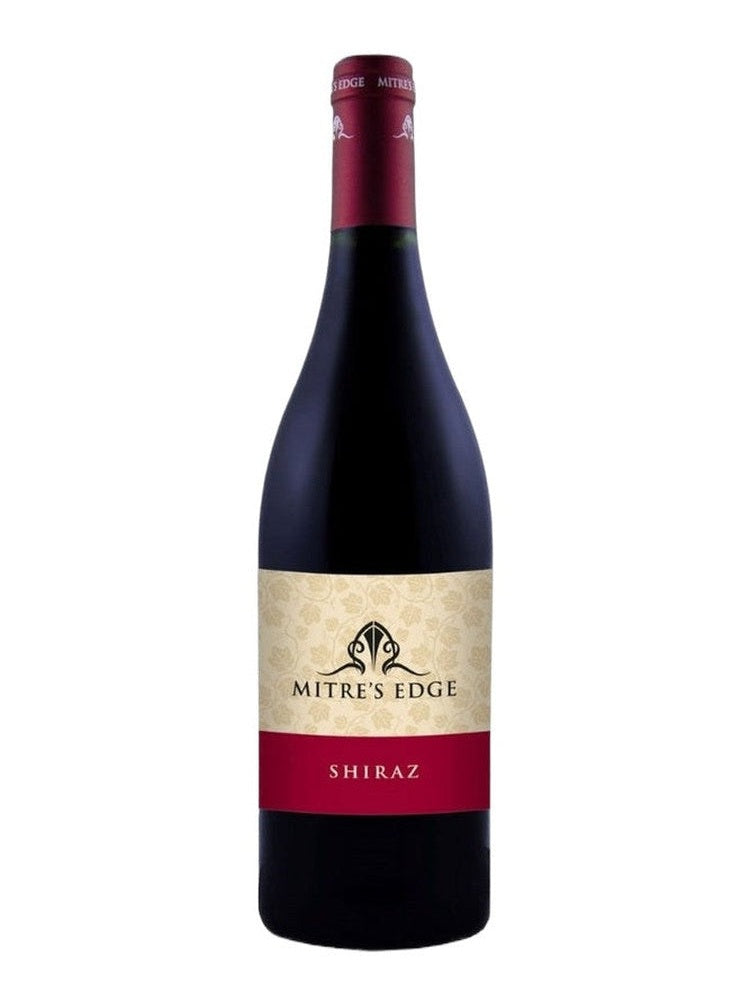 Mitre's Edge Shiraz red wine bottle with cream label and red band