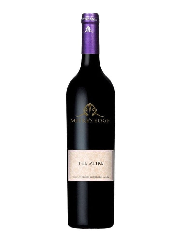 Mitre's Edge The Mitre red blend wine bottle with gold emblem and cream label