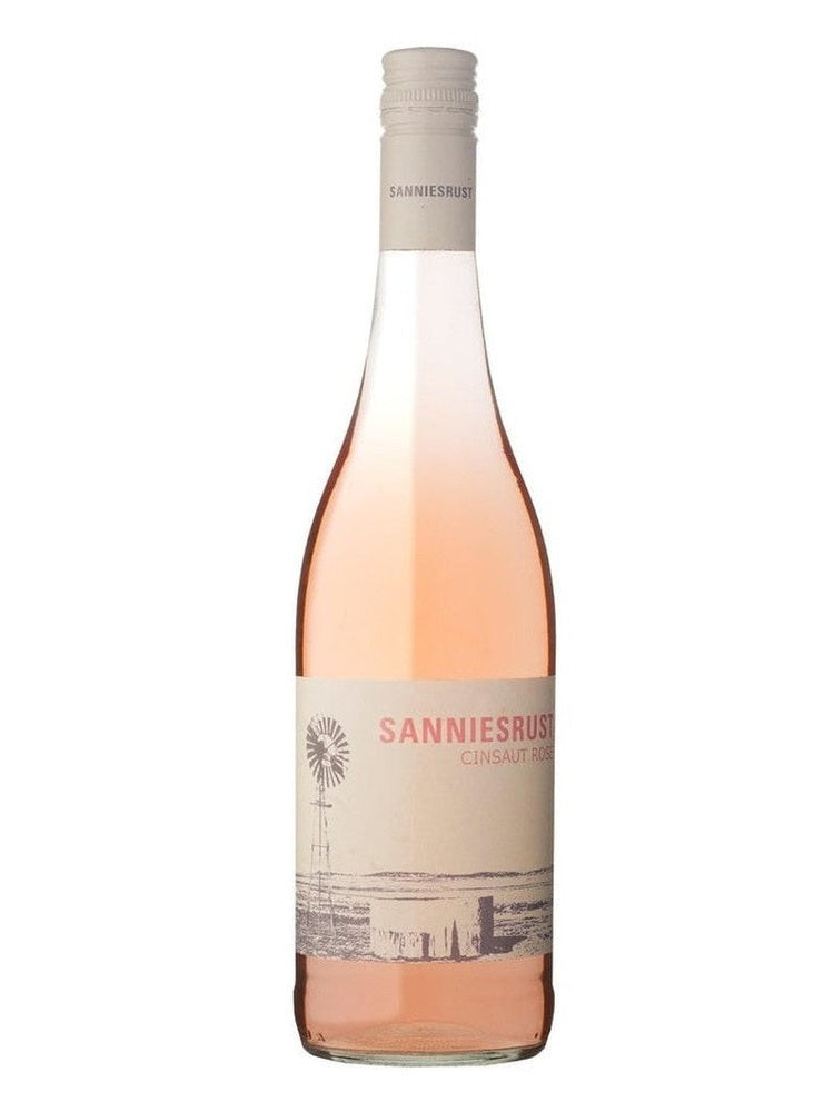 Sanniesrust Cinsaut Rosé wine bottle with beige label and windmill illustration
