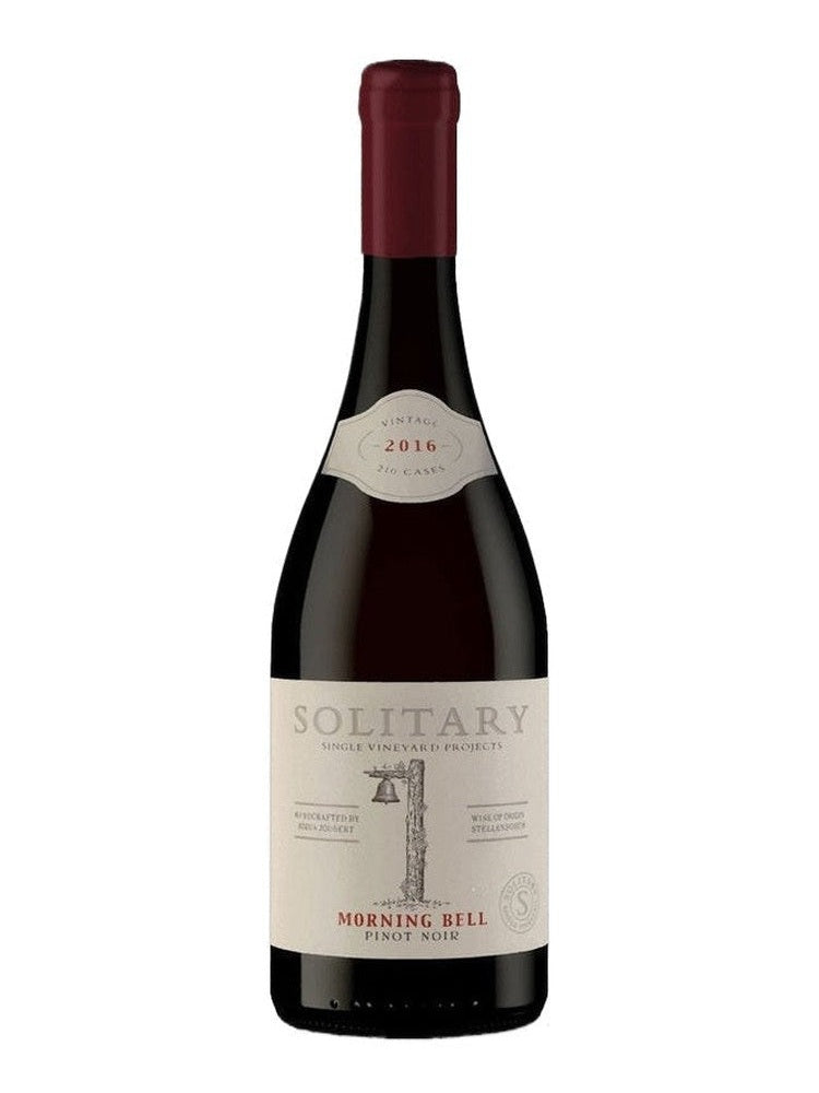 Solitary Morning Bell Pinot Noir 2021 red wine bottle with cream label and bell illustration