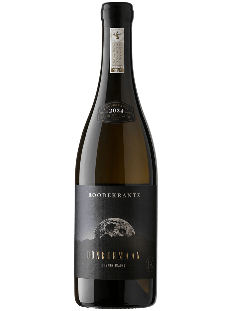 A bottle of Roodekrantz Donkermaan Chenin Blanc white wine, featuring a dark black label with a moon graphic and gold lettering, set against a plain white background.