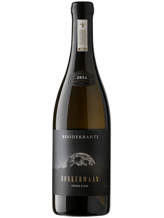 A bottle of Roodekrantz Donkermaan Chenin Blanc white wine, featuring a dark black label with a moon graphic and gold lettering, set against a plain white background.